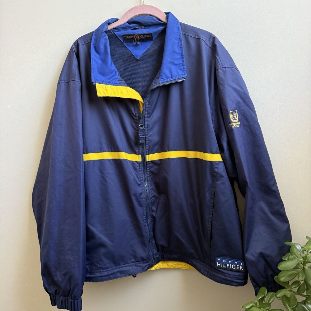 Tommy Hilfiger Golf Blue Hooded Windbreaker Jacket Full Zip Logo Pockets L